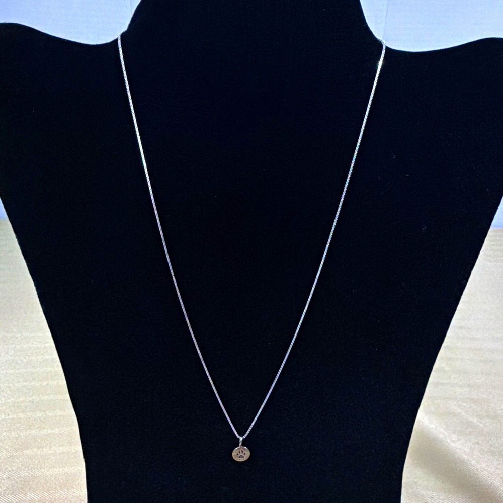 925 Sterling Silver Box Chain Necklace Round Paw Print Charm Pendant, Lobster